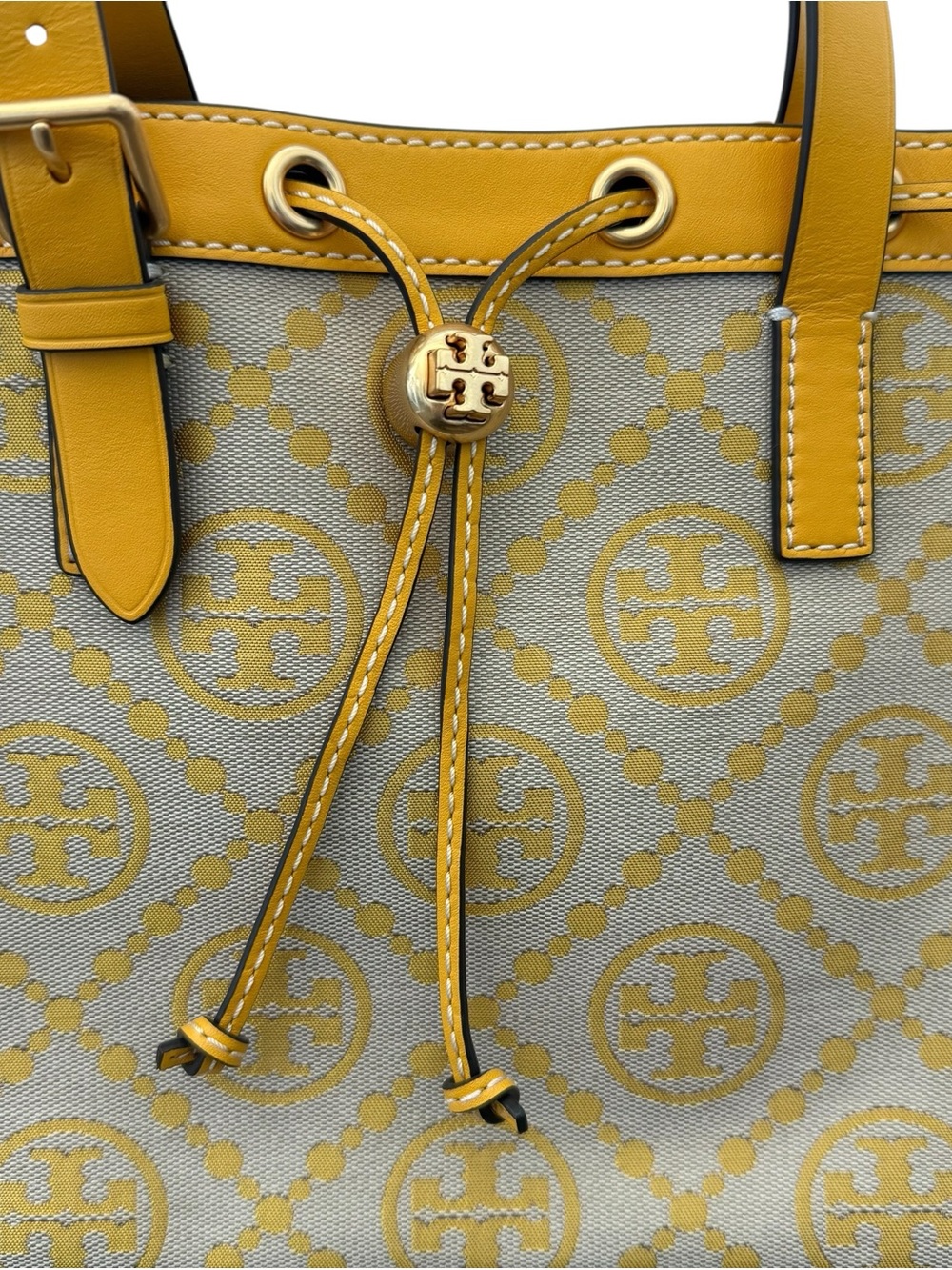 Tory Burch NWOT Yellow Iconic T Logo Jacquard Drawstring Bag with Leather Trim